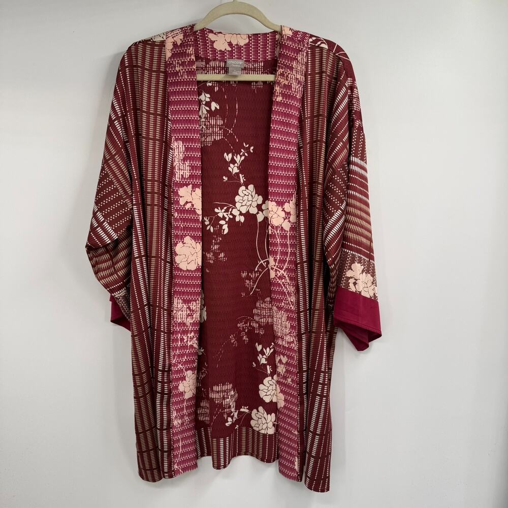 Chicos Travelers Kimono Jacket Sz 3 US 16 18 XL Burgundy Floral Duster Cardigan
